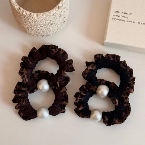 Elastico per Capelli Pieghettato con Stampa Leopardata e Grande Perla Artificiale Vintage Corda Elastica per Capelli per Donna Accessori Capelli