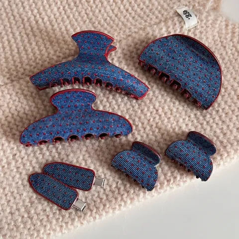 Pince à Cheveux en Denim à Pois Style Français pour Femmes Vintage Bleu Rouge Pince Requin Grand Accessoire Cheveux
