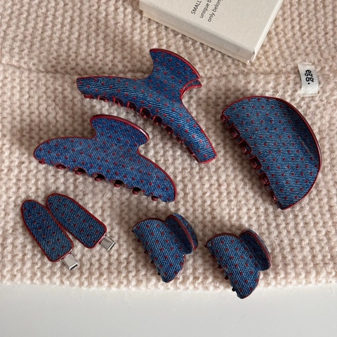 Pince à Cheveux en Denim à Pois Style Français pour Femmes Vintage Bleu Rouge Pince Requin Grand Accessoire Cheveux