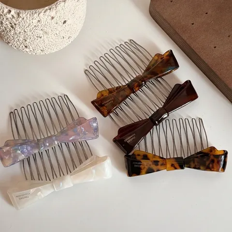 Acetate Bow Hair Comb With Metal Teeth Vintage Elegant Handmade Hair Slide For Women Korean Style Hair Accessories