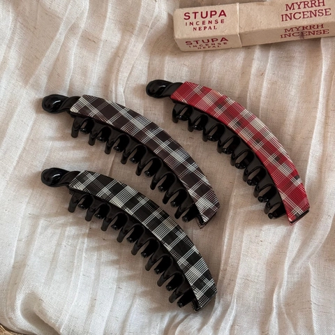 Vintage Plaid Banana Hair Clip For Women Retro Checkered Hairpin Fabric Nonslip Ponytail Holder Styling Accessory