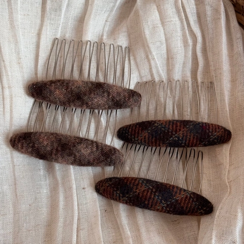 Vintage Plaid Tweed Fabric Hair Combs Alloy Metal Teeth Styling Side Hair Fork For Women Autumn Winter Hair Accessories