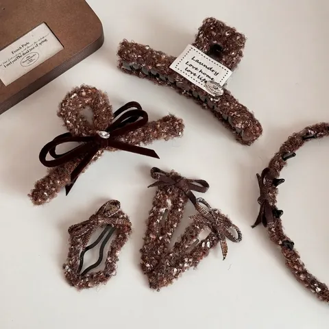 Korean Style Autumn Winter Coffee Tweed Hair Clip Set Snowflake Dot Bow Claw Clip Headband Women Hair Accessories