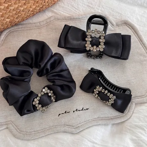 French Vintage Black Satin Bow Hair Clips Rhinestone Square Buckle Hair Claw Clip Scrunchie Elegant Hair Accessories For Women