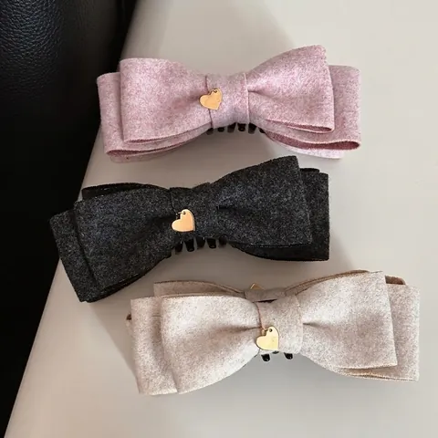 Fermaglio per Capelli a Fiocco in Tessuto di Lana Stile Coreano Con Ciondolo a Cuore Oro Grande Clip a Banana per Donna