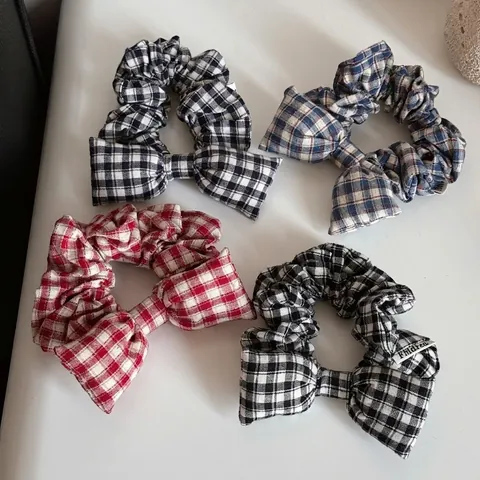 Korean Style Plaid Stuffed Bow Scrunchie High Elastic Hair Tie Fabric Checkered Butterfly Knot Hair Accessory For Women