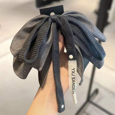 Korean Style Denim Grey Bowknot Hair Claw Clip For Women High Ponytail Back Of Head Decorative Handmade Fabric Hair Accessories