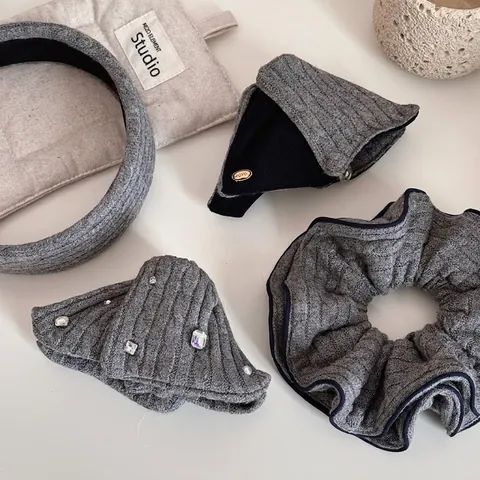 Women Autumn Winter Knitted Rhinestone Bow Hair Clip Alloy Claw Clip Headband Scrunchie Elegant Hair Accessories