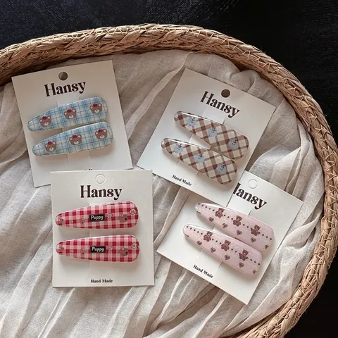 Handgefertigte Koreanische Niedliche Cartoon Bär Welpen Gingham Haarspangen Set Kunststoff Snap Clips Für Mädchen Haarschmuck