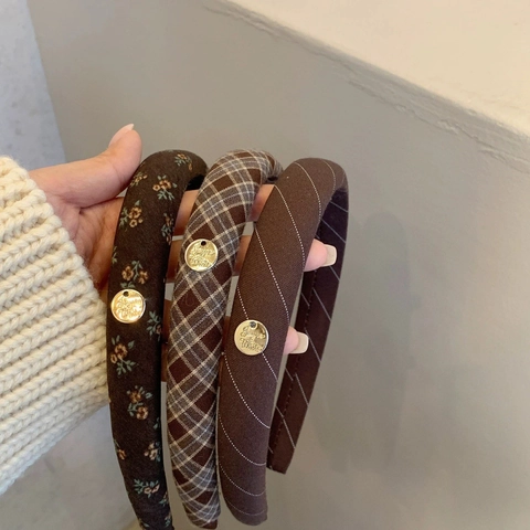 Vintage Kaffee Blumen Karomuster Köper Schwamm Haarreif Für Damen Goldetikett Elegant Gepolstertes Haarband Accessoire