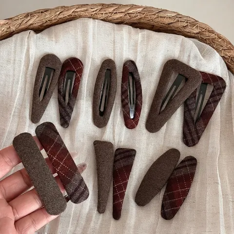Vintage Plaid Fabric BB Hair Clips For Women Korean Style Geometric Brown Check Cloth Alloy Hairpins Headwear Accessories