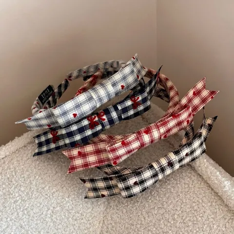 Vintage Karo Schleife Haarreif Für Damen Koreanisch Süß Stoff Besticktes Herz Haarband Ästhetisch High Top Kopfschmuck Haar Accessoire