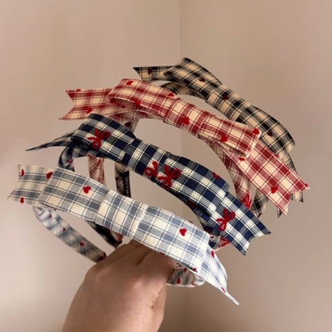 Vintage Karo Schleife Haarreif Für Damen Koreanisch Süß Stoff Besticktes Herz Haarband Ästhetisch High Top Kopfschmuck Haar Accessoire