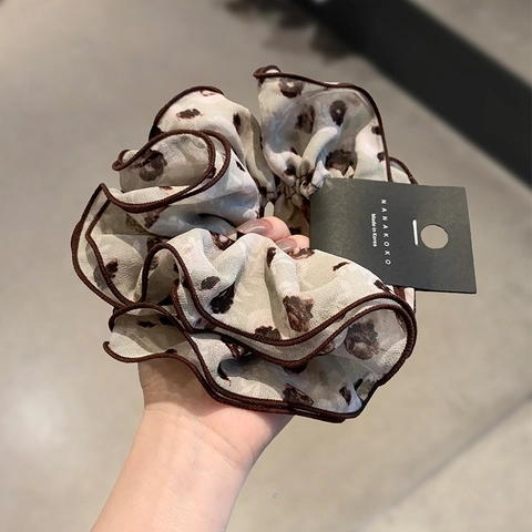 Chiffon Printed Scrunchie With Ruffle Edge Retro Leopard Floral Hair Tie For Women Korean Style Fashion Hair Accessories
