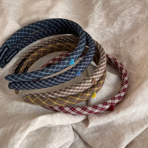 Korean Style Plaid Fabric Wrapped Hairband With Flocked Heart Decor Sweet Narrow Sponge Headband For Women Simple Fashion Handmade Hair Accessories
