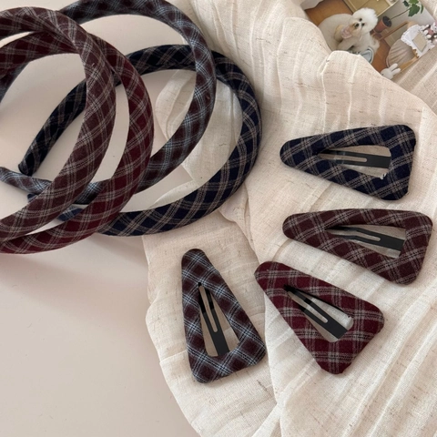 Vintage Plaid Fabric Hair Clip And Headband Retro Geometric Triangle BB Clip Elegant Hair Accessories For Women Daily