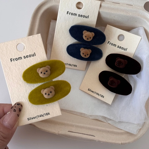 Cute 3D Flocked Teddy Bear Oval Hair Clip For Women Sweet Velvet Duckbill Clip Korean Style Animal Hair Accessories
