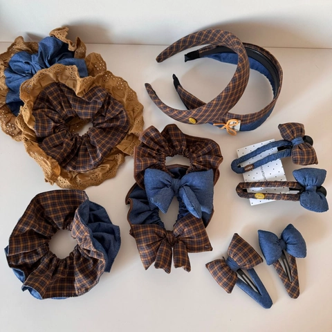 Korean Vintage Denim Patchwork Plaid Scrunchies Set With Bow Hair Clips And Headband For Women Girls Retro Hair Accessories