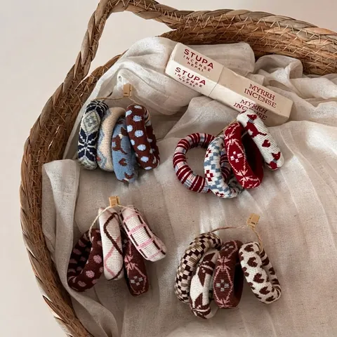 Women Vintage Jacquard Knit Scrunchies Set High Elastic Towel Loop Hair Ties Basic Ponytail Holder Retro Hair Accessories
