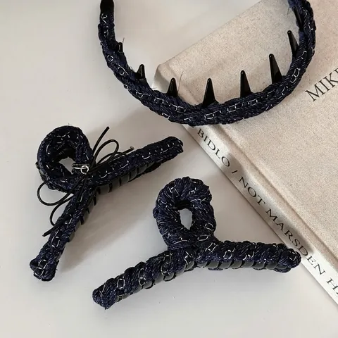 Pinza per Capelli Avvolta in Tessuto Denim Blu Notte Con Catena Fiocco Elegante Cerchietti Moda Coreana Accessori per Capelli Donna