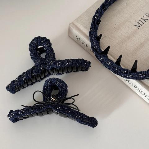 Pinza per Capelli Avvolta in Tessuto Denim Blu Notte Con Catena Fiocco Elegante Cerchietti Moda Coreana Accessori per Capelli Donna
