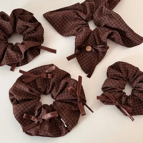 Elastici per Capelli Vintage a Quadretti con Fiocco per Donna Stile Coreano Motivo a Scacchi Caffè con Bottone in Legno