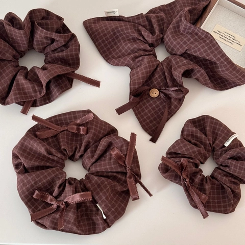 Elastici per Capelli Vintage a Quadretti con Fiocco per Donna Stile Coreano Motivo a Scacchi Caffè con Bottone in Legno