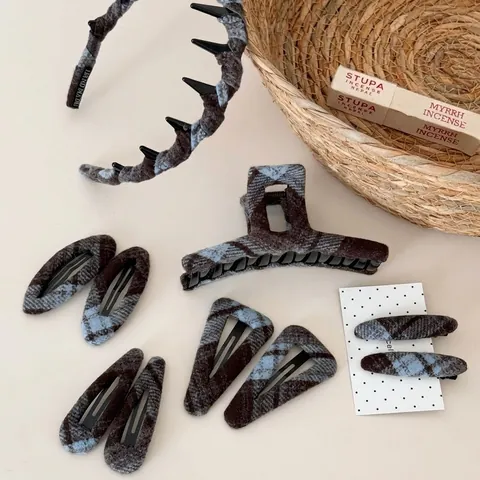 Vintage Geruit Wollen Stof Haaraccessoires Collectie Elegante Haarklauw Hoofdband Haarspeeld Haarspeld Voor Vrouwen Meisjes Haarstyling Tools
