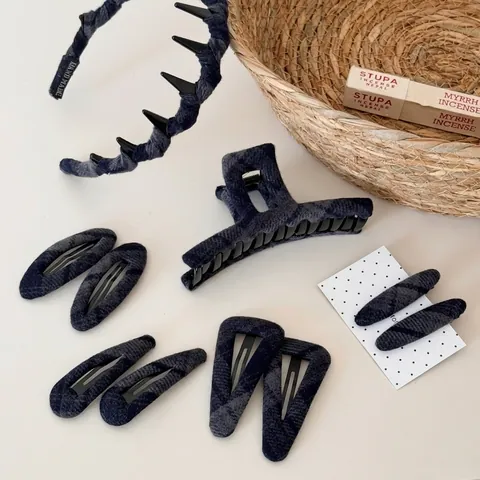 Set di Accessori per Capelli in Tessuto Plaid Vintage Stile Britannico Retro Grande Molletta per Capelli Cerchietto per Donna