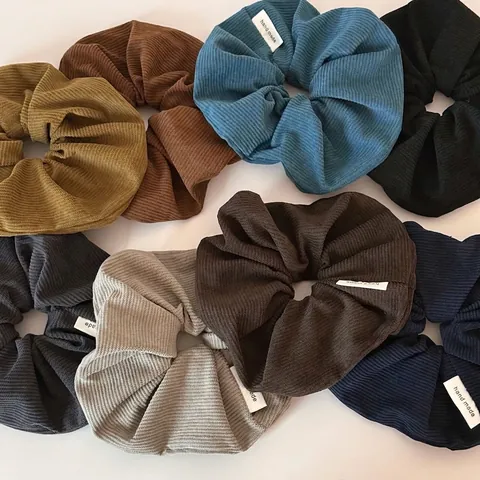 Solid Corduroy Scrunchies For Women Handmade Label Ribbed Elastic Hair Bands Oversized Ponytail Holder Korean Style Hair Ties