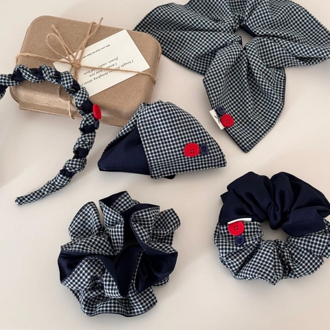 Vintage Navy Blue Plaid Fabric Hair Clip Bow Claw Clip Contrast Button Headband Scrunchie Korean Style Hair Accessories