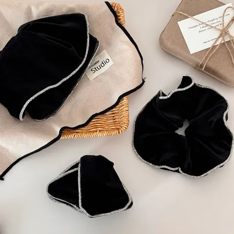 French Vintage Black Velvet Hair Clip For Women Silver Rhinestone Edged Bow Knot Ponytail Shark Clip Elegant Hair Accessories