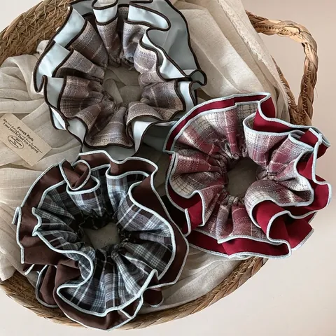 Coleteros de Tela a Cuadros Retro Franceses Estilo Británico Coleteros Grandes en Capas para Mujer Accesorios para el Cabello de Moño