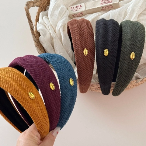 Cerchietto in Tessuto Twill Imbottito Largo Autunno Inverno Stile Coreano Con Etichetta in Oro Accessorio Capelli Donna Regalo