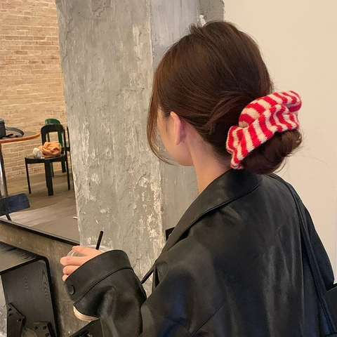 Oversize Strick Gestreift Scrunchie Elastisch Haargummi Handgefertigt Weicher Stoff Ponytail Halter Für Damen Mode Accessoires