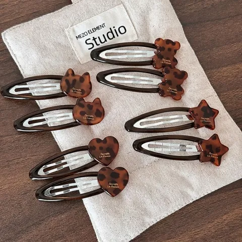 Pinzas para el Cabello de Acetato con Estampado de Leopardo Clips BB de Carey para Mujeres Niñas Forma de Corazón Estrella Oso Gato Accesorios