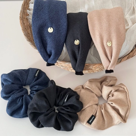 Korean Ribbed Knit Fabric Scrunchie and Headband Set Golden Bow Button Decor Hand Made Hair Ties For Women Daily Accessories