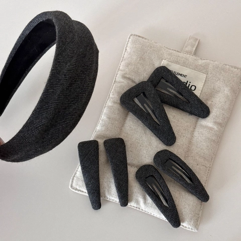 Vintage Juego de Pinces para el Pelo de Tela de Espiga Gris Oscuro Diadema Texturizada Otoño Invierno Clip BB Mujer