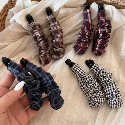 Retro Ruit Stof Bananenklem Koreaans Vintage Geruit Geplooide Verticale Haarspeld Voor Vrouwen Dagelijks Haaraccessoires