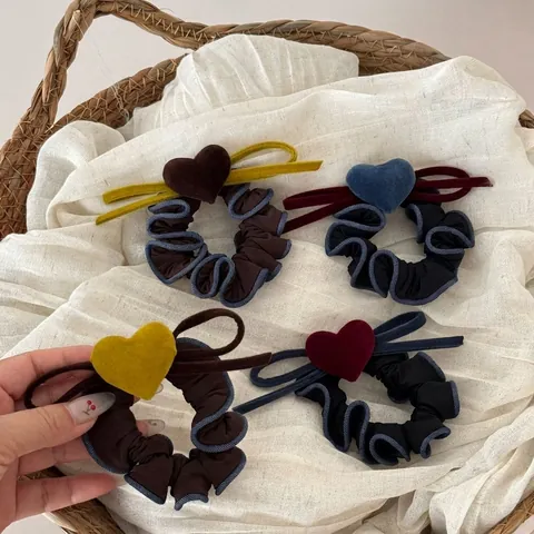 Vintage Samt Herz Schleife Haargummis Für Damen Koreanischer Stil Plissiert Stoff Haarbänder Retro Süß Haarschmuck Für Mädchen