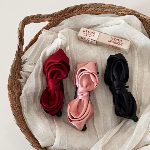 French Satin Bow Banana Clip For Women Elegant Large Pleated Hair Clip Sweet Solid Color Ponytail Holder Hair Accessories