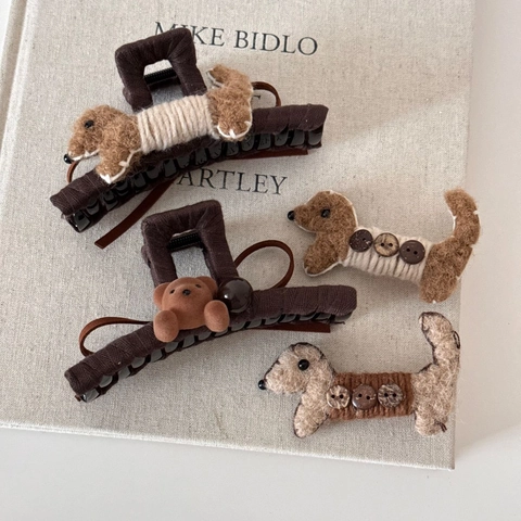 Pinzas para el Cabello de Felpa con Forma de Perro Teckel y Oso Estilo Coreano Otoño Invierno para Mujeres Niñas Accesorios para el Cabello Vintage