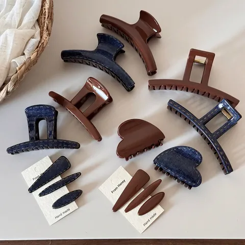 Vintage Denim Stoff Harz Haarkralle Für Damen Koreanischer Stil Große Schimmer Kaffee Matte Haarspangen Für Dickes Haar