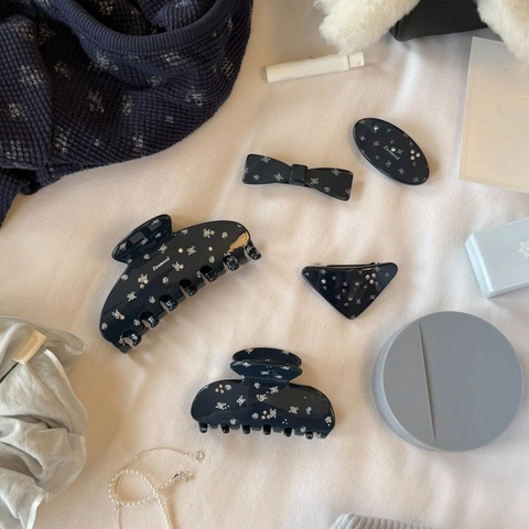 Fermaglio per Capelli a Pinza in Acetato Vintage con Fiori e Strass Blu Marino Elegante Accessori per Capelli Donna