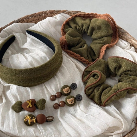 Koreanische Stil Süße Stoff Haarspange Bär Herz Haargummi Vintage Grün Braun Scrunchie Stirnband Haarschmuck Für Damen