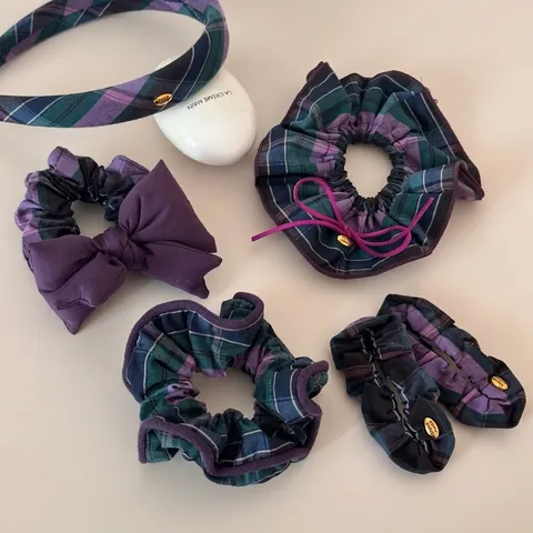 Set de Accesorios para el Cabello Vintage a Cuadros para Mujer Azul Violeta Tartan Scrunchie Elástico Lazo Diadema Estilo Preppy Hecho a Mano