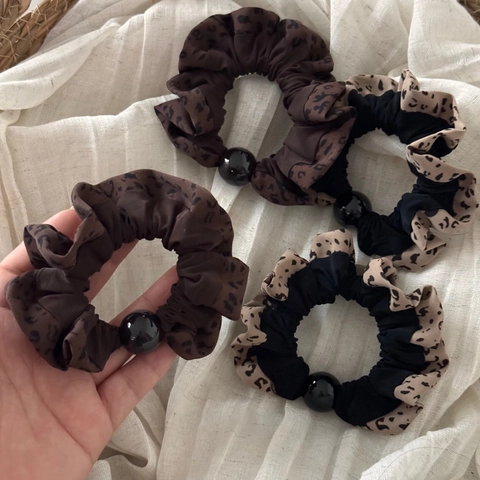 Korean Leopard Print Scrunchies With Black Bead Elastic Hair Ties Ruffled Fabric Ponytail Holders Fashion Hair Accessories