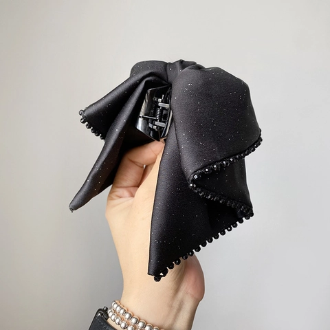 Molletta per Capelli a Fiocco Nero per Donna Con Nappa di Perline Tessuto Glitterato Elegante Fermaglio per Capelli