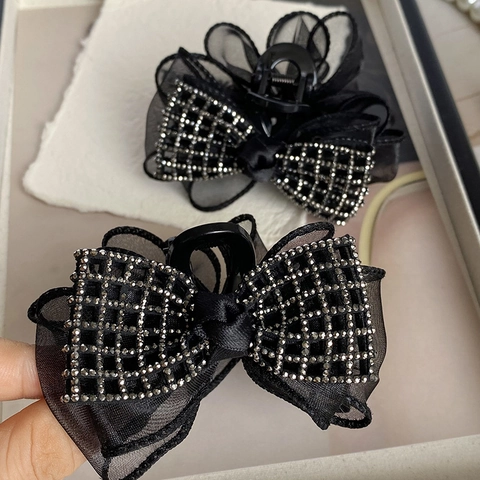 Elegante Molletta per Capelli a Fiocco in Rete per Donna Nero Strass Pinza per Capelli Accessori Fatti a Mano Copricapo