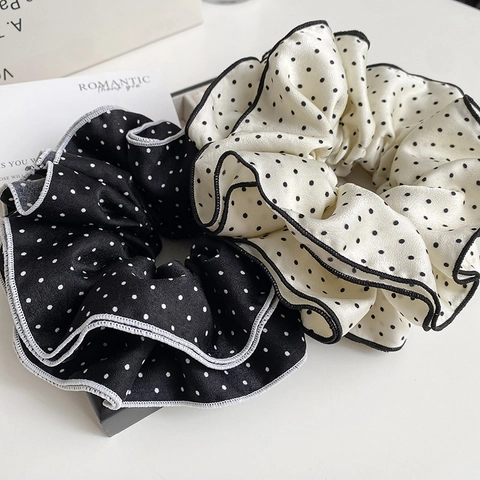 Chouchous à Pois Style Français Bord Plissé en Satin Grands Élastiques Cheveux pour Femmes Accessoires Cheveux Élégants Vintage